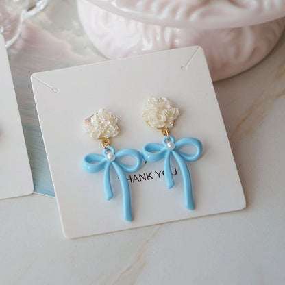 Silver / 925 Flower Earring Sterling Drop Clip-On Bow