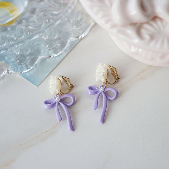 Silver / 925 Flower Earring Sterling Drop Clip-On Bow