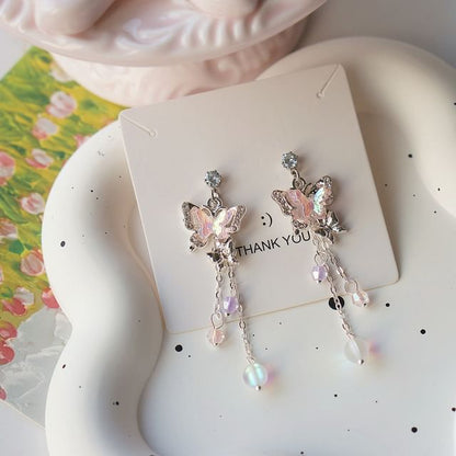 Earring Clip-On Sterling 925 Butterfly Drop Silver Bead /