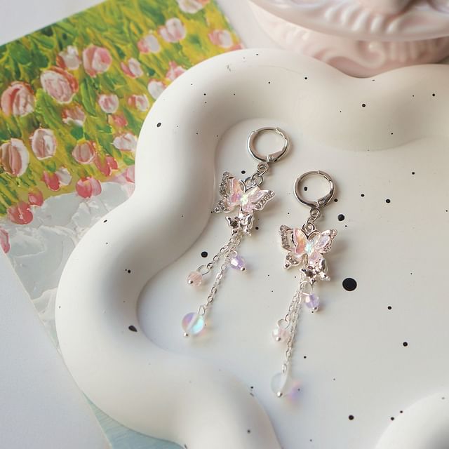 Earring Clip-On Sterling 925 Butterfly Drop Silver Bead /