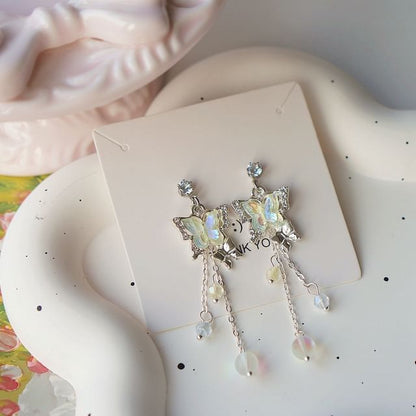 Earring Clip-On Sterling 925 Butterfly Drop Silver Bead /