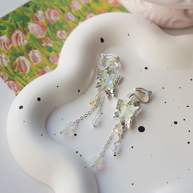 Earring Clip-On Sterling 925 Butterfly Drop Silver Bead /