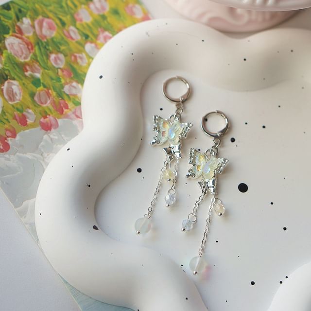 Earring Clip-On Sterling 925 Butterfly Drop Silver Bead /