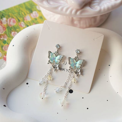 Earring Clip-On Sterling 925 Butterfly Drop Silver Bead /