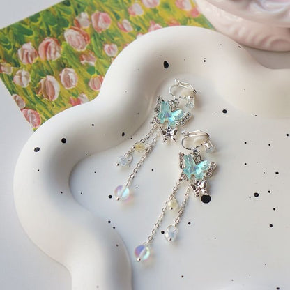 Earring Clip-On Sterling 925 Butterfly Drop Silver Bead /