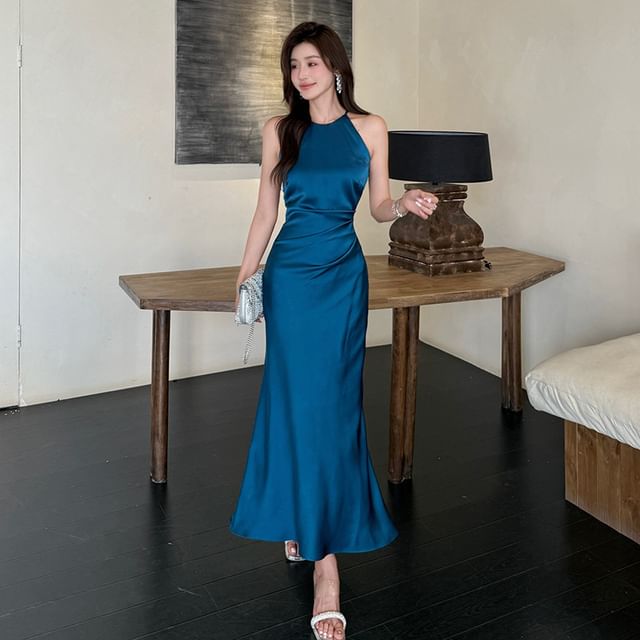 Ruched Satin Spaghetti Strap Mermaid Maxi Dress