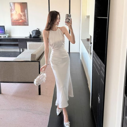 Ruched Satin Spaghetti Strap Mermaid Maxi Dress