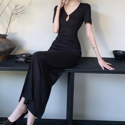 Short Sleeve V-Neck Plain Bodycon Maxi Dress