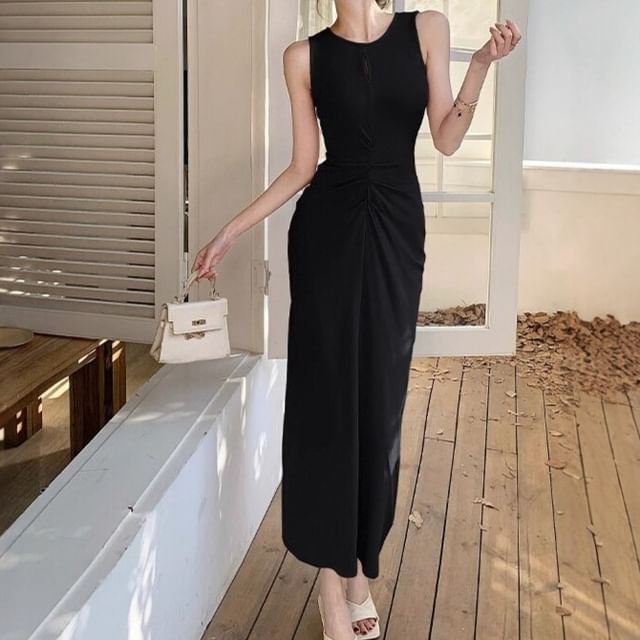 Round Neck Sleeveless Plain Bodycon Maxi Dress