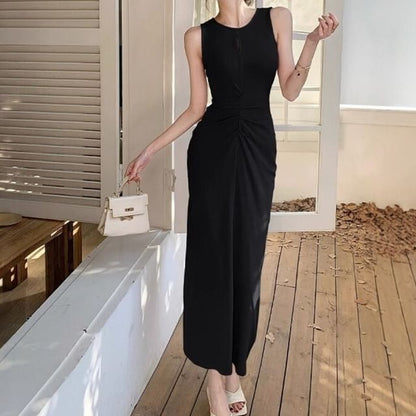 Round Neck Sleeveless Plain Bodycon Maxi Dress