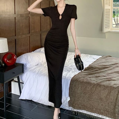 Short Sleeve V-Neck Plain Bodycon Maxi Dress