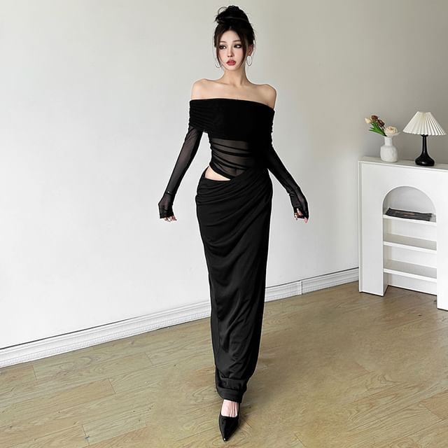 Off-The-Shoulder Sheer Panel Ruched Long-Sleeve Maxi Dress