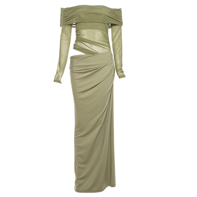 Off-The-Shoulder Sheer Panel Ruched Long-Sleeve Maxi Dress