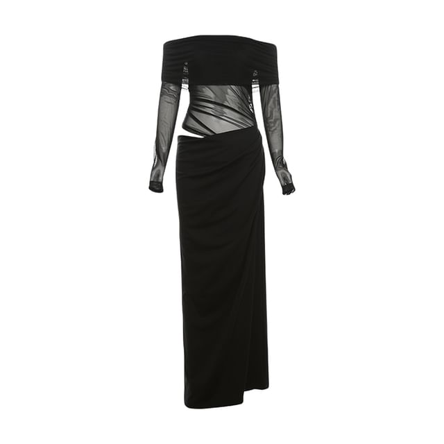 Off-The-Shoulder Sheer Panel Ruched Long-Sleeve Maxi Dress