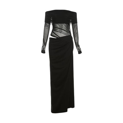 Off-The-Shoulder Sheer Panel Ruched Long-Sleeve Maxi Dress