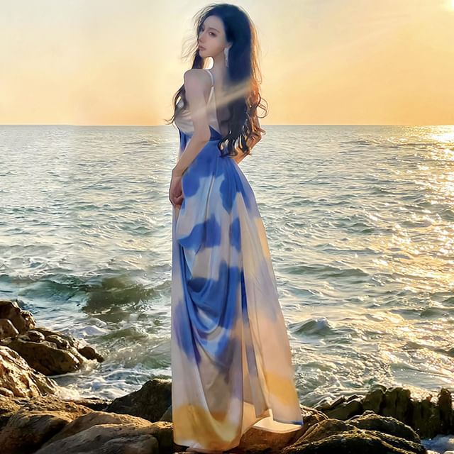 V-Neck Gradient Spaghetti Strap A-Line Maxi Dress