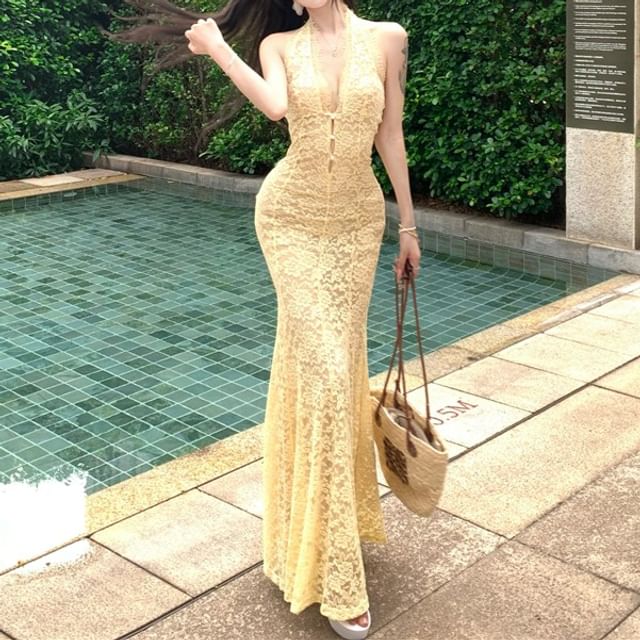 Button-Up Halter Neck Lace Mermaid Maxi Dress