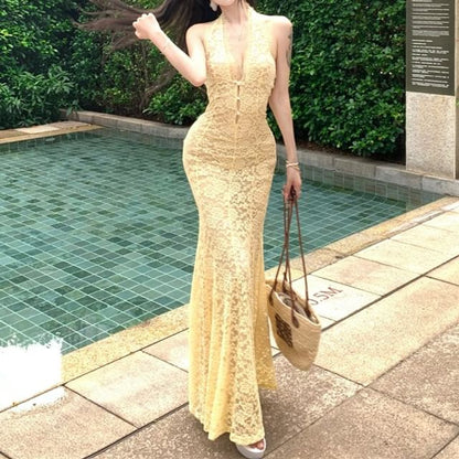 Button-Up Halter Neck Lace Mermaid Maxi Dress