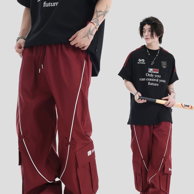 Couple Matching Drawstring Waist Contrast Trim Wide Leg Cargo Pants