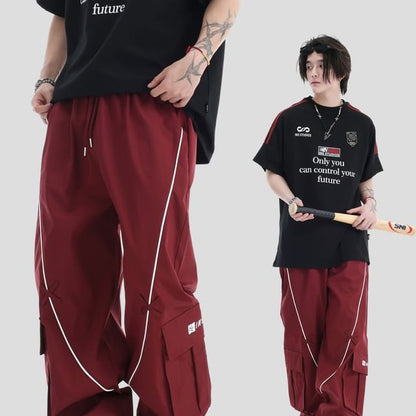 Couple Matching Drawstring Waist Contrast Trim Wide Leg Cargo Pants