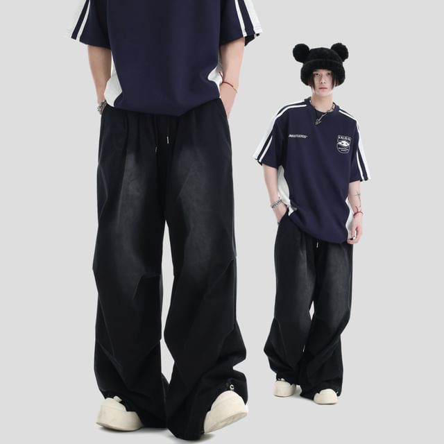 Couple Matching Drawstring Waist Washed Baggy Cargo Pants