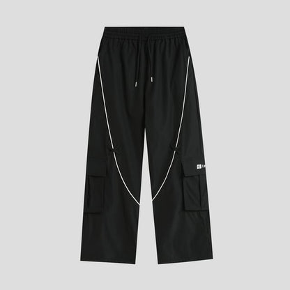 Couple Matching Drawstring Waist Contrast Trim Wide Leg Cargo Pants