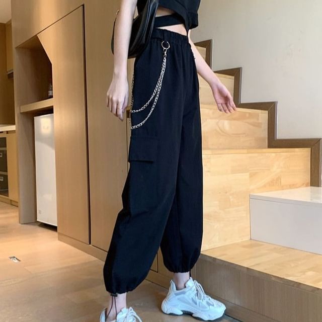 High Rise Plain Drawstring Cargo Baggy Pants / Pants Chain / Set
