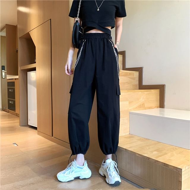 High Rise Plain Drawstring Cargo Baggy Pants / Pants Chain / Set