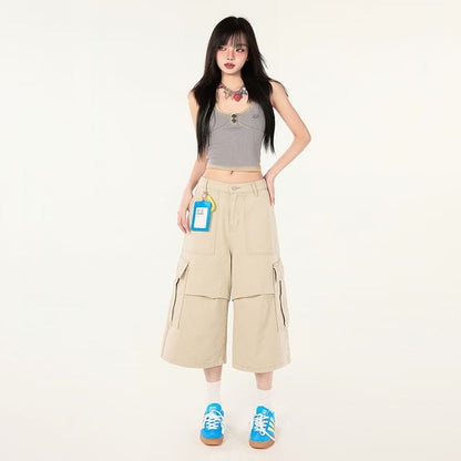 Mid Waist Plain Capri Loose Fit Cargo Pants