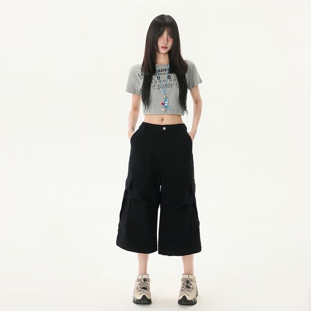 Mid Waist Plain Capri Loose Fit Cargo Pants