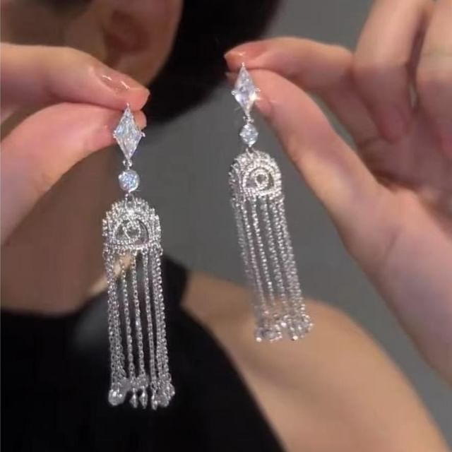 Earring Alloy Rhinestone Fringed