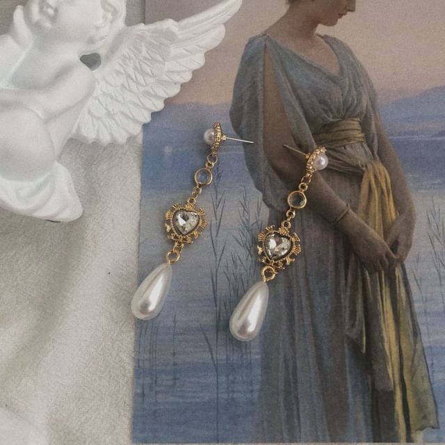 Pearl Heart Earring Alloy Dangle Rhinestone Faux