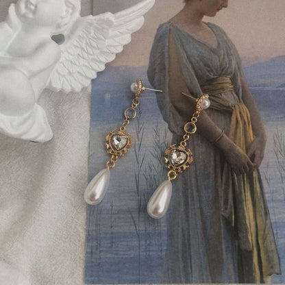 Pearl Heart Earring Alloy Dangle Rhinestone Faux