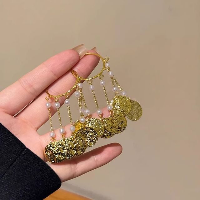 Faux Textured Earring Pearl Alloy Disc Chandelier