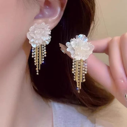Earring Floral Alloy Rhinestone Fringed