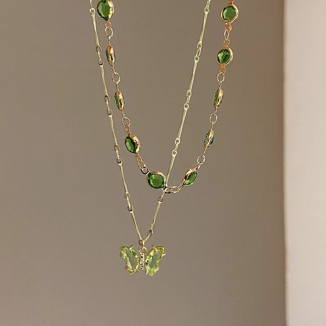 Station Necklace Rhinestone Layered Butterfly