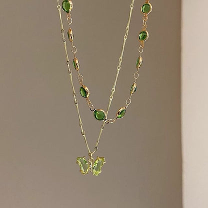 Station Necklace Rhinestone Layered Butterfly