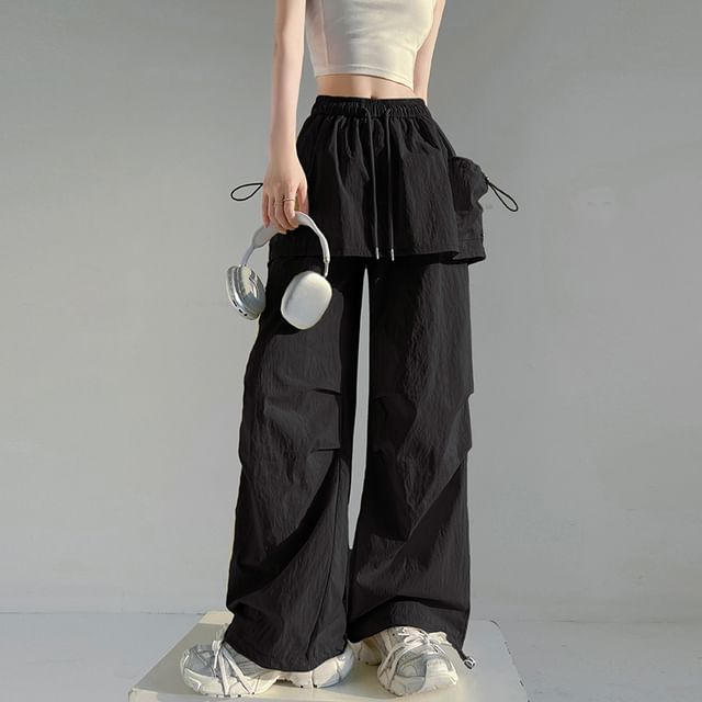 Drawstring Waist Plain Skirt Overlay Wide Leg Cargo Pants