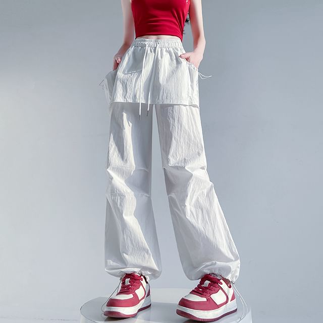 Drawstring Waist Plain Skirt Overlay Wide Leg Cargo Pants
