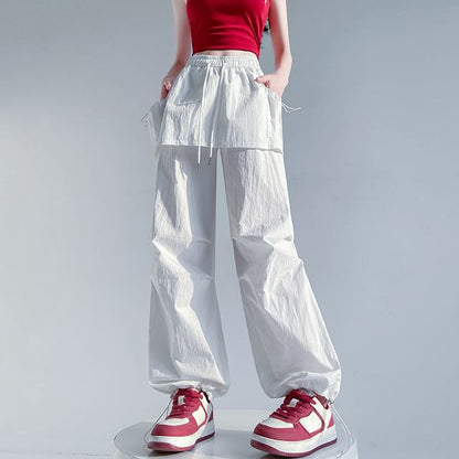 Drawstring Waist Plain Skirt Overlay Wide Leg Cargo Pants
