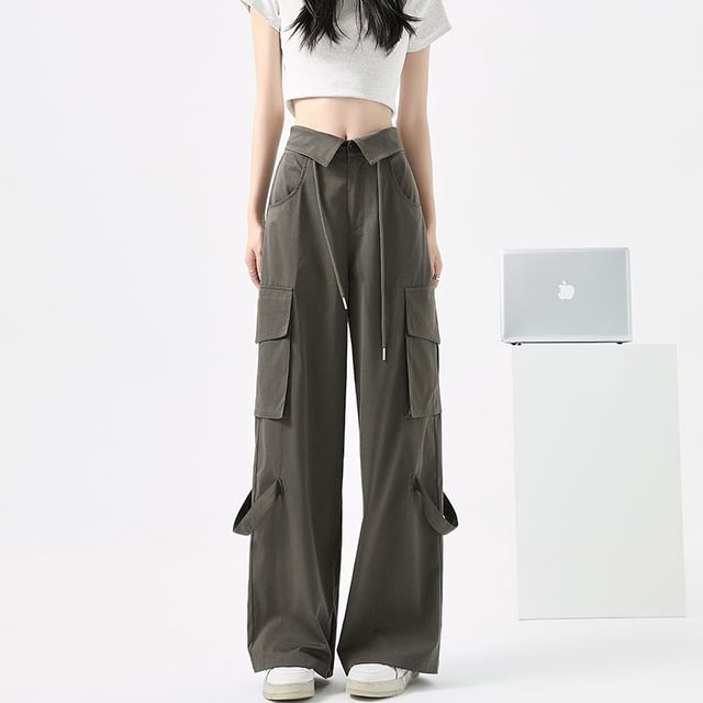 Mid Rise Folded Waistline Plain Wide Leg Cargo Pants