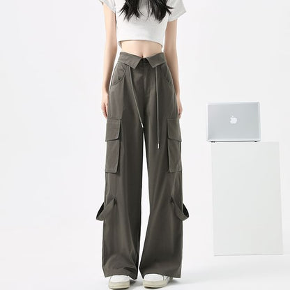Mid Rise Folded Waistline Plain Wide Leg Cargo Pants