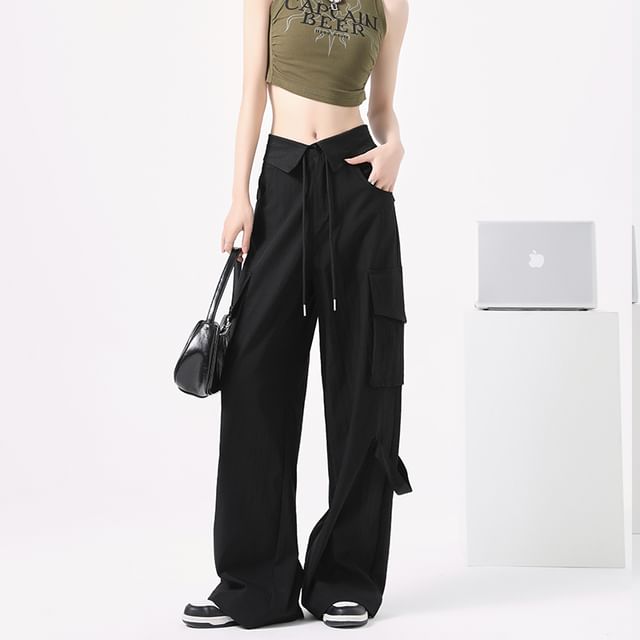 Mid Rise Folded Waistline Plain Wide Leg Cargo Pants