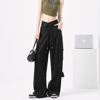 Mid Rise Folded Waistline Plain Wide Leg Cargo Pants