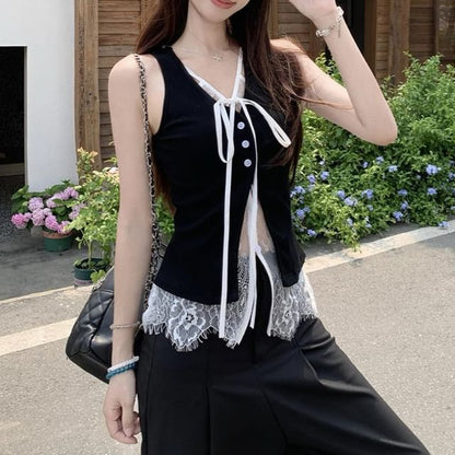 Mock Two Piece V-Neck Lace Tank Top
