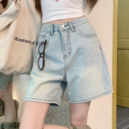Mid Rise Washed Denim Shorts