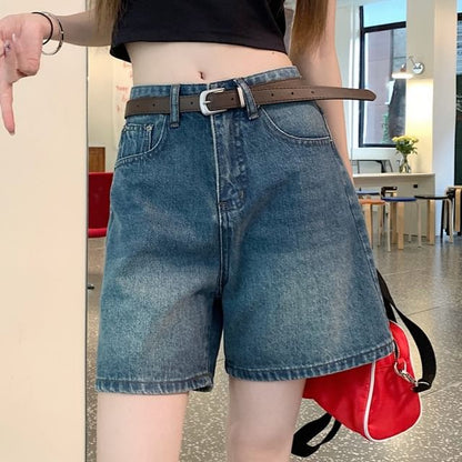 Mid Rise Washed Denim Shorts