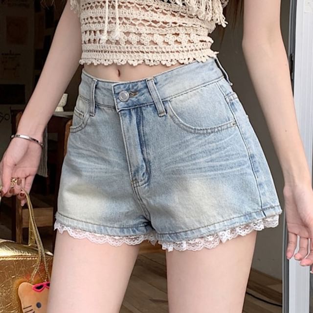 Mid Rise Lace Trim Washed Denim Wide Leg Shorts