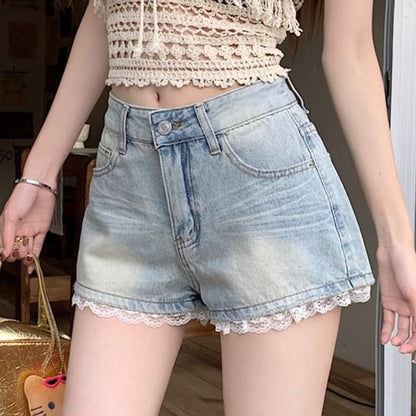 Mid Rise Lace Trim Washed Denim Wide Leg Shorts