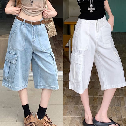 Mid Waist Washed Cargo Jorts